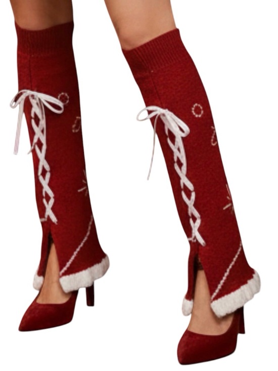 None Accessories - Red Lace-Up Knee-High Knit Leg Warmers with White Ribbon